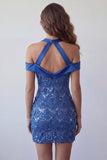 Sparkly Royal Blue Cold Shoulder Tight Short Sequin Homecoming Dress