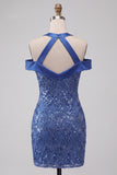 Sparkly Royal Blue Cold Shoulder Tight Short Sequin Homecoming Dress