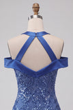 Sparkly Royal Blue Cold Shoulder Tight Short Sequin Homecoming Dress