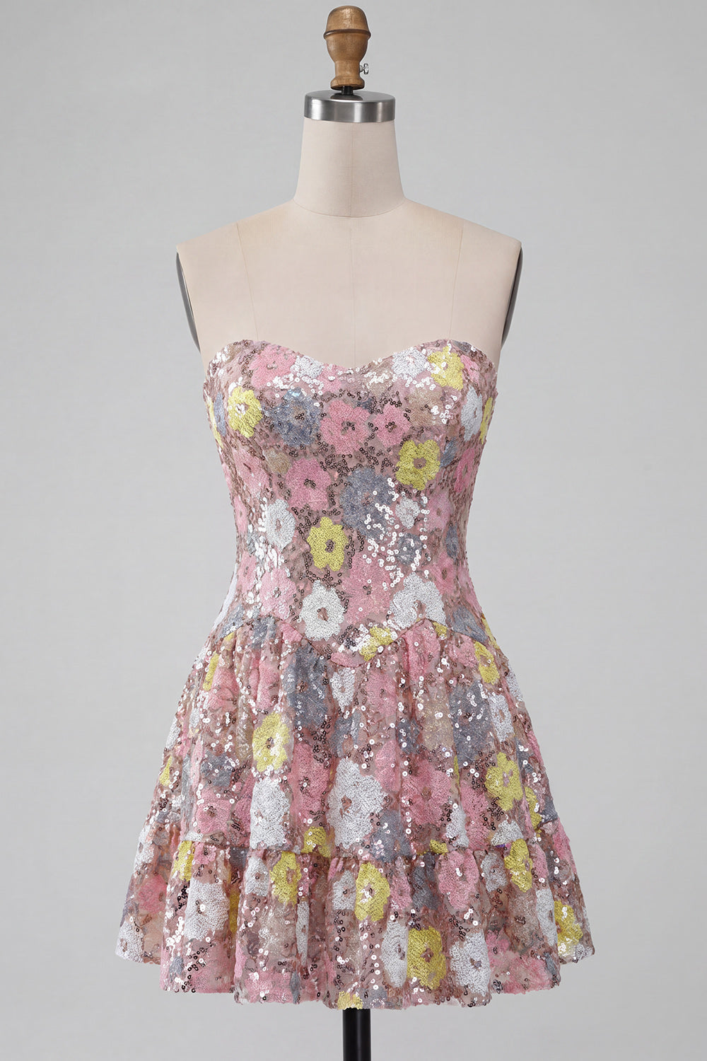 Sparkly Pink Floral Sequin A-Line Sweetheart Short Homecoming Dress