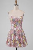 Sparkly Pink Floral Sequin A-Line Sweetheart Short Homecoming Dress
