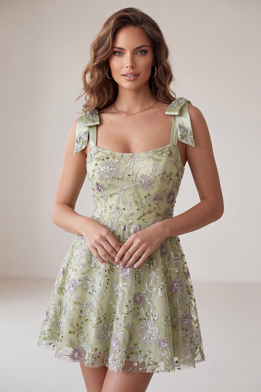 Floral Dusty Sage Sparkly A-Line Short Beaded Homecoming Dress with Bows