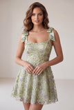Floral Dusty Sage Sparkly A-Line Short Beaded Homecoming Dress with Bows