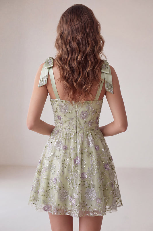 Floral Dusty Sage Sparkly A-Line Short Beaded Homecoming Dress with Bows