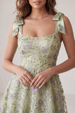 Floral Dusty Sage Sparkly A-Line Short Beaded Homecoming Dress with Bows