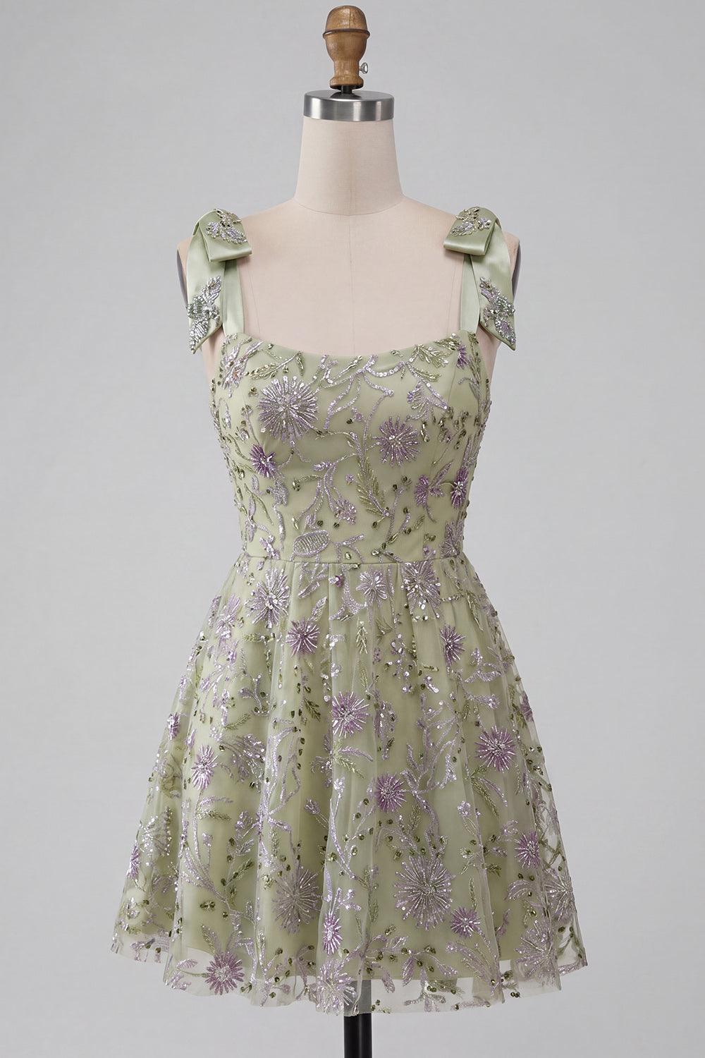 Floral Dusty Sage Sparkly A-Line Short Beaded Homecoming Dress with Bows