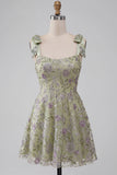 Floral Dusty Sage Sparkly A-Line Short Beaded Homecoming Dress with Bows