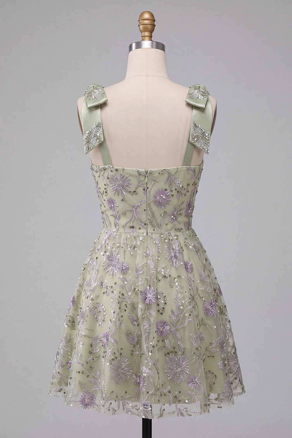 Floral Dusty Sage Sparkly A-Line Short Beaded Homecoming Dress with Bows