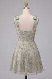Floral Dusty Sage Sparkly A-Line Short Beaded Homecoming Dress with Bows