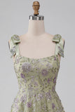 Floral Dusty Sage Sparkly A-Line Short Beaded Homecoming Dress with Bows