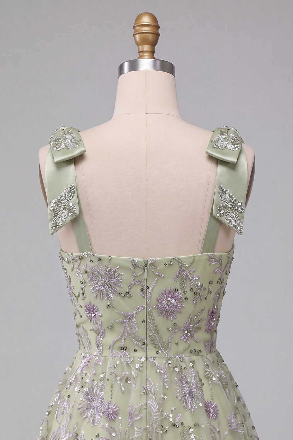 Floral Dusty Sage Sparkly A-Line Short Beaded Homecoming Dress with Bows