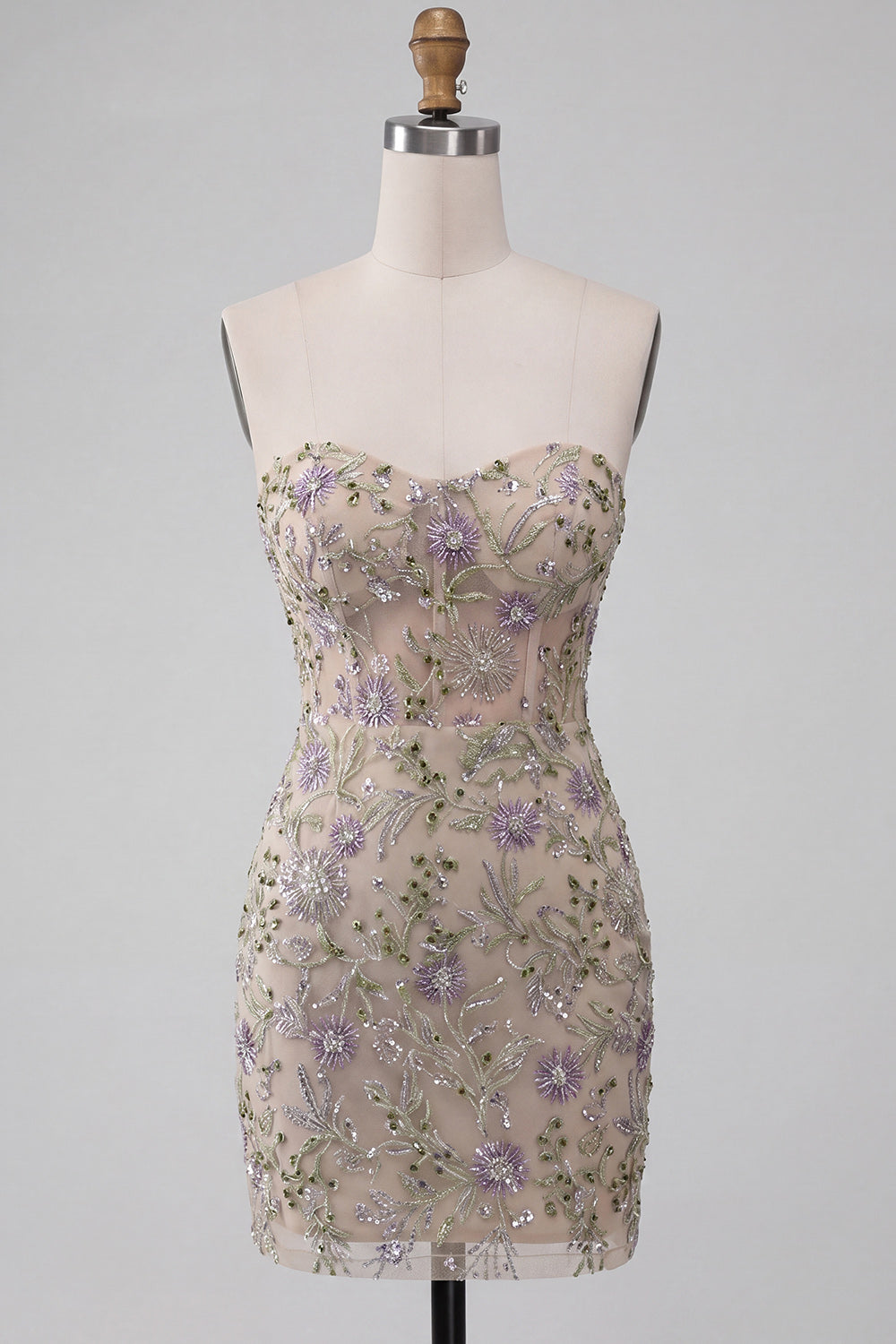 Sparkly Floral Beaded Dusty Sage Tight Short Corset Homecoming Dress