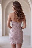 Fog Lace Floral Sparkly Strapless Tight Short Beaded Homecoming Dress