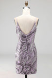 Sparkly Lilac Beaded Short Tight Homecoming Dress