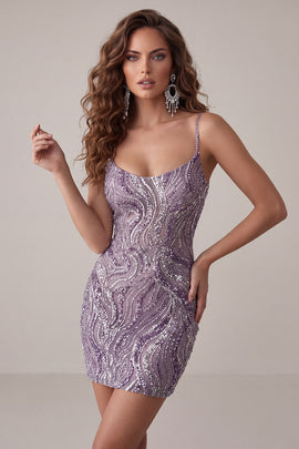 Sparkly Lilac Beaded Short Tight Homecoming Dress