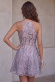 Sparkly Lilac Beaded Halter Short A-Line Homecoming Dress
