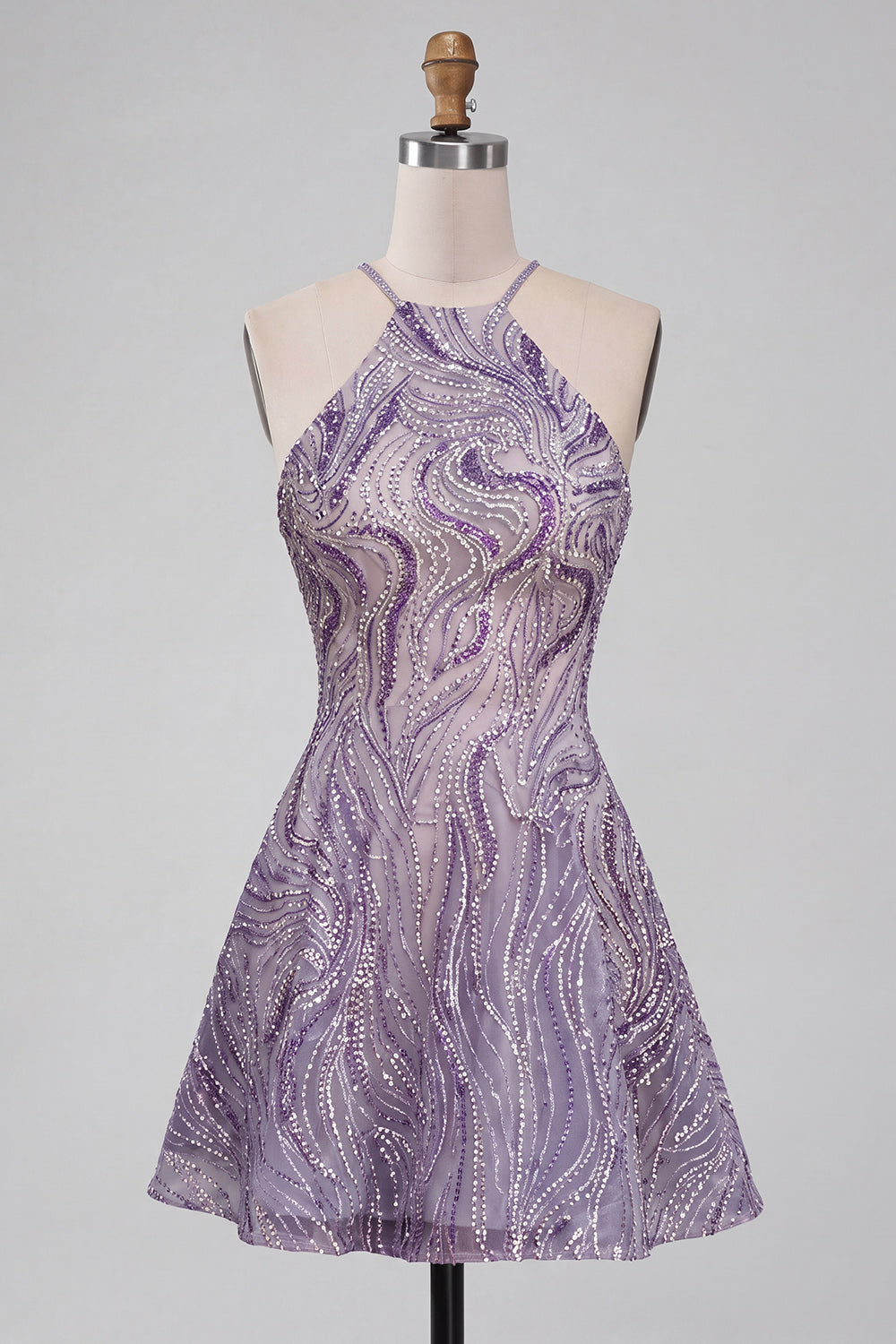 Sparkly Lilac Beaded Halter Short A-Line Homecoming Dress