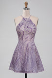 Sparkly Lilac Beaded Halter Short A-Line Homecoming Dress