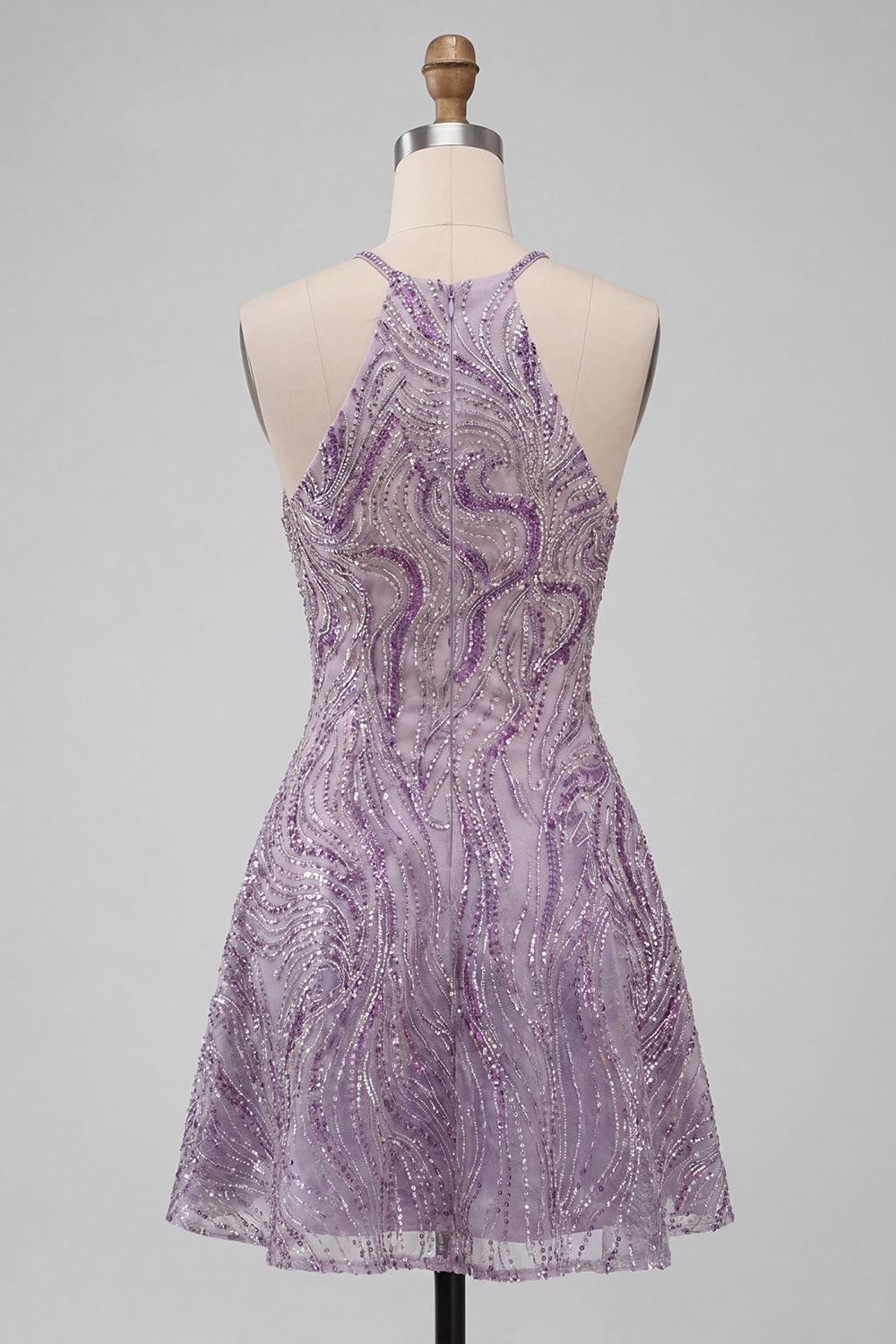 Sparkly Lilac Beaded Halter Short A-Line Homecoming Dress