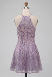 Sparkly Lilac Beaded Halter Short A-Line Homecoming Dress