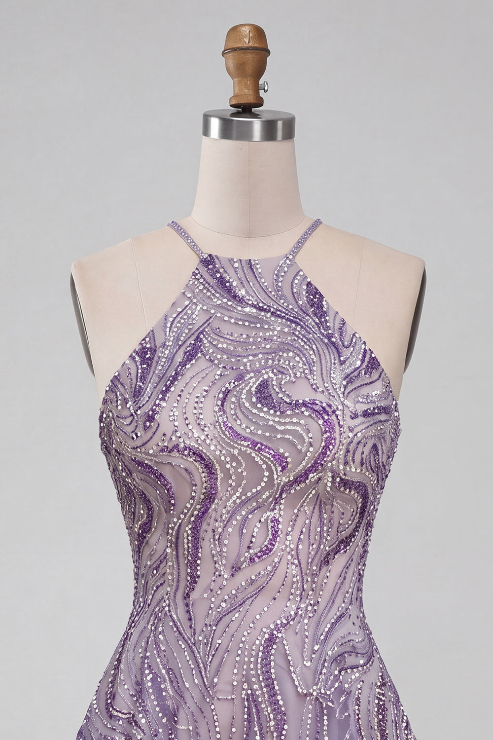 Sparkly Lilac Beaded Halter Short A-Line Homecoming Dress