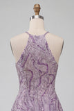 Sparkly Lilac Beaded Halter Short A-Line Homecoming Dress