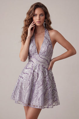 Sparkly Halter A-Line Lilac Short Sequin Homecoming Dress