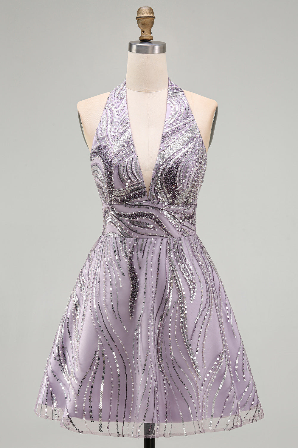 Sparkly Halter A-Line Lilac Short Sequin Homecoming Dress