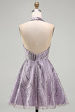 Sparkly Halter A-Line Lilac Short Sequin Homecoming Dress