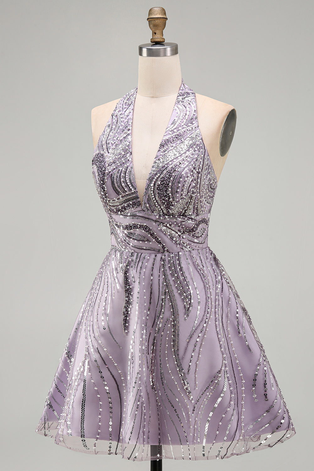 Sparkly Halter A-Line Lilac Short Sequin Homecoming Dress