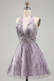 Sparkly Halter A-Line Lilac Short Sequin Homecoming Dress