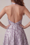 Sparkly Halter A-Line Lilac Short Sequin Homecoming Dress