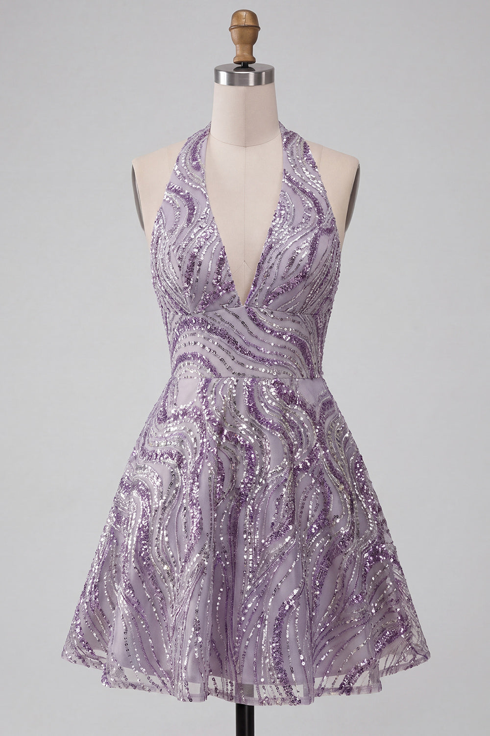 Sparkly Halter A-Line Lilac Short Sequin Homecoming Dress