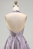Sparkly Halter A-Line Lilac Short Sequin Homecoming Dress