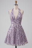 Sparkly Halter A-Line Lilac Short Sequin Homecoming Dress