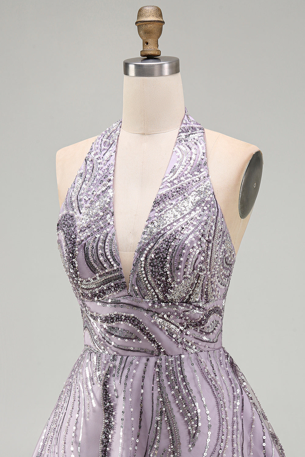 Sparkly Halter A-Line Lilac Short Sequin Homecoming Dress