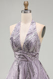 Sparkly Halter A-Line Lilac Short Sequin Homecoming Dress
