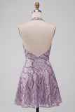 Sparkly Halter A-Line Lilac Short Sequin Homecoming Dress