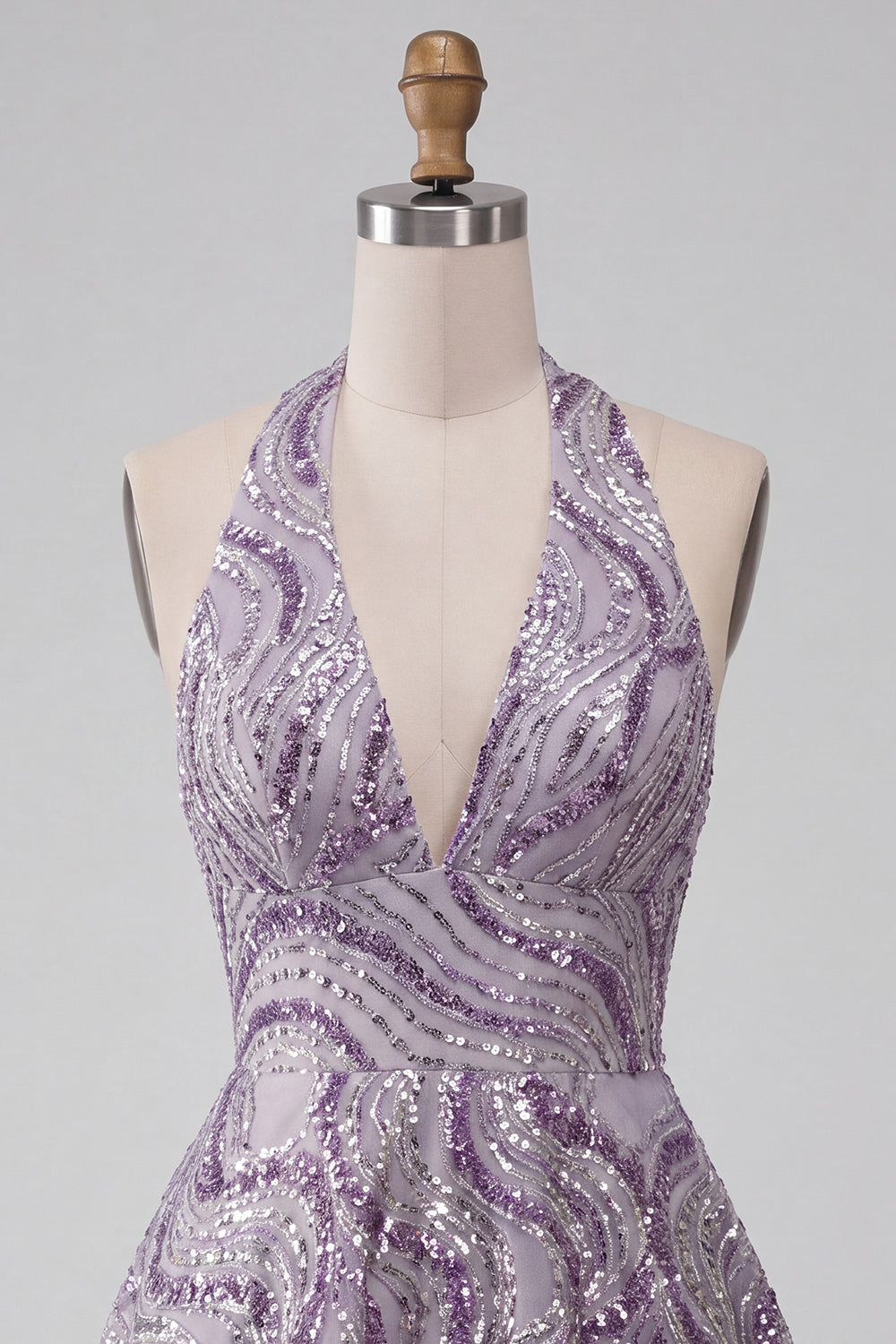 Sparkly Halter A-Line Lilac Short Sequin Homecoming Dress