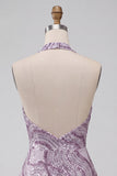 Sparkly Halter A-Line Lilac Short Sequin Homecoming Dress