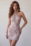 Floral Fog Sparkly Halter Tight Short Beaded Homecoming Dress
