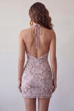 Floral Fog Sparkly Halter Tight Short Beaded Homecoming Dress