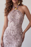 Floral Fog Sparkly Halter Tight Short Beaded Homecoming Dress