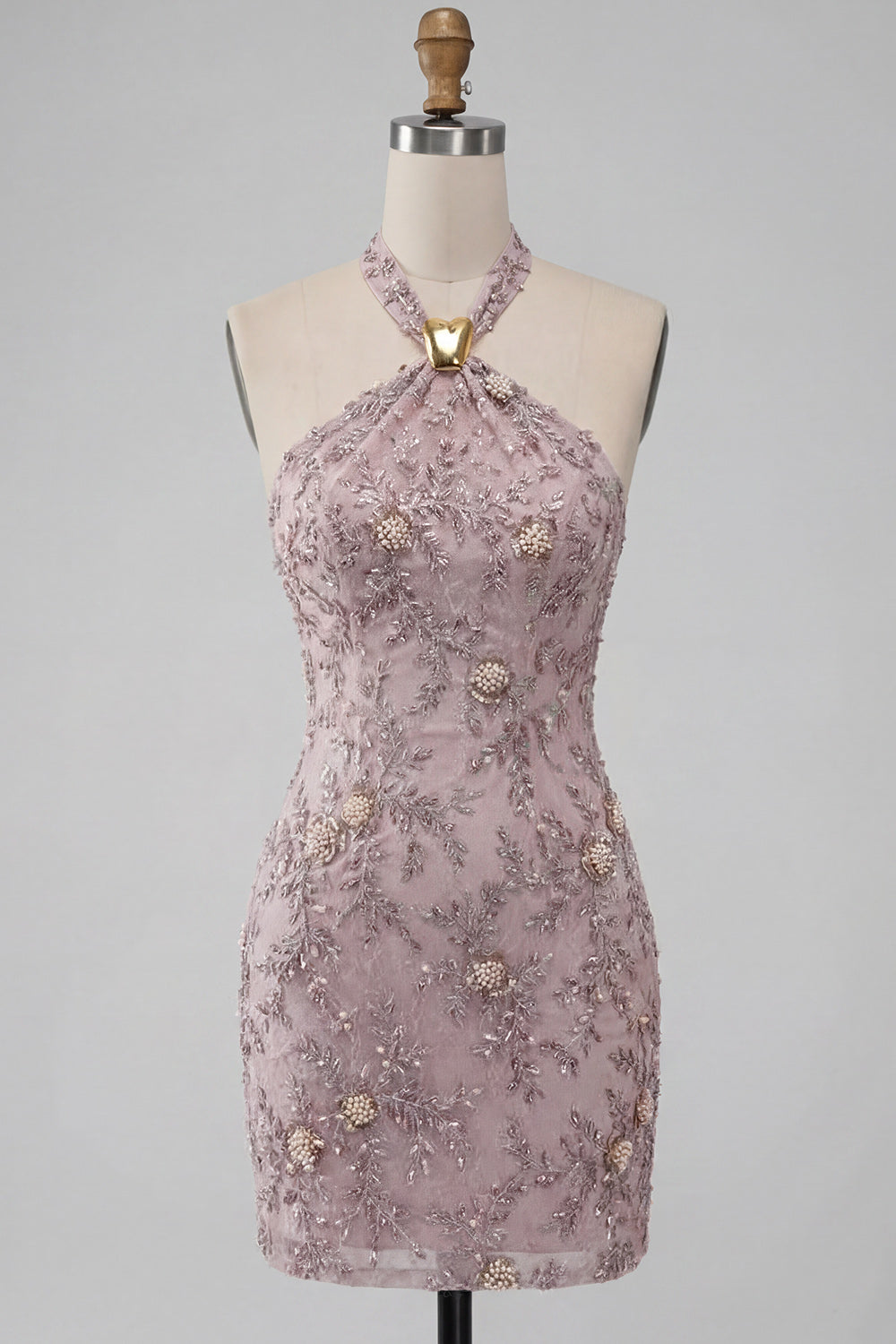 Floral Fog Sparkly Halter Tight Short Beaded Homecoming Dress