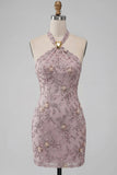 Floral Fog Sparkly Halter Tight Short Beaded Homecoming Dress