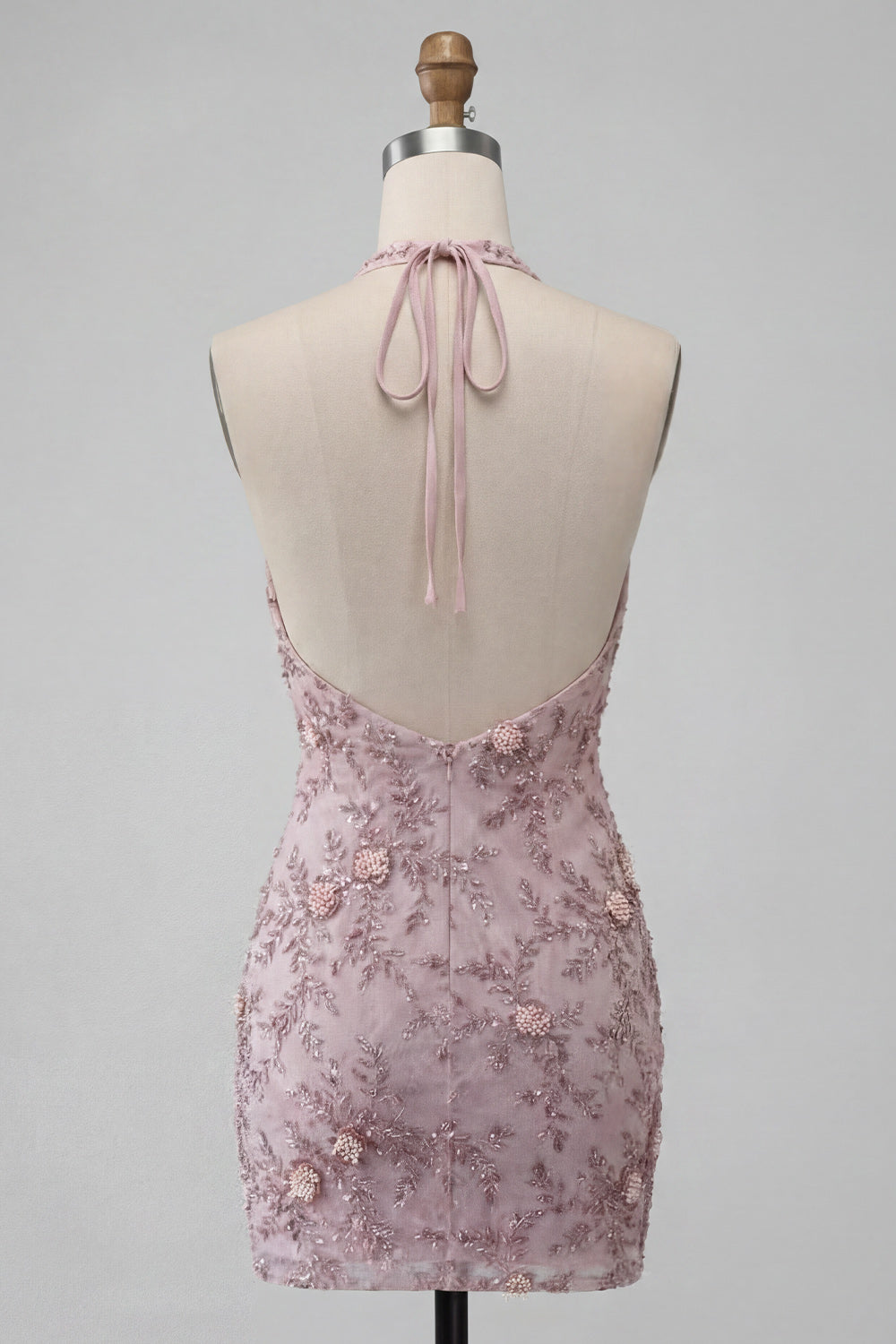 Floral Fog Sparkly Halter Tight Short Beaded Homecoming Dress