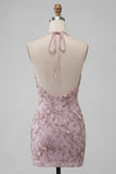 Floral Fog Sparkly Halter Tight Short Beaded Homecoming Dress