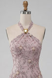 Floral Fog Sparkly Halter Tight Short Beaded Homecoming Dress