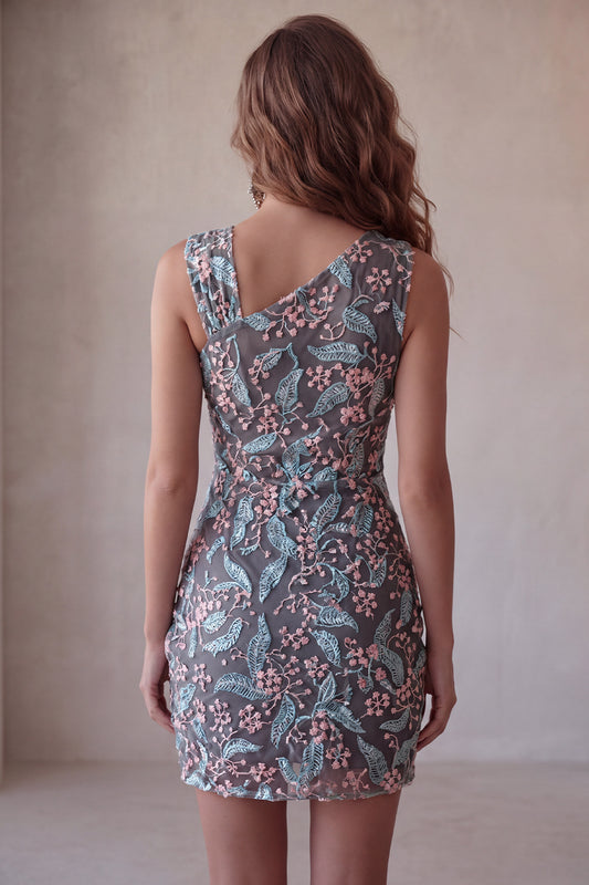 Floral Black Ruched Short Tight Homecoming Dress with Rhinestone