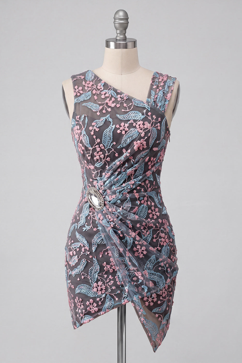 Floral Black Ruched Short Tight Homecoming Dress with Rhinestone